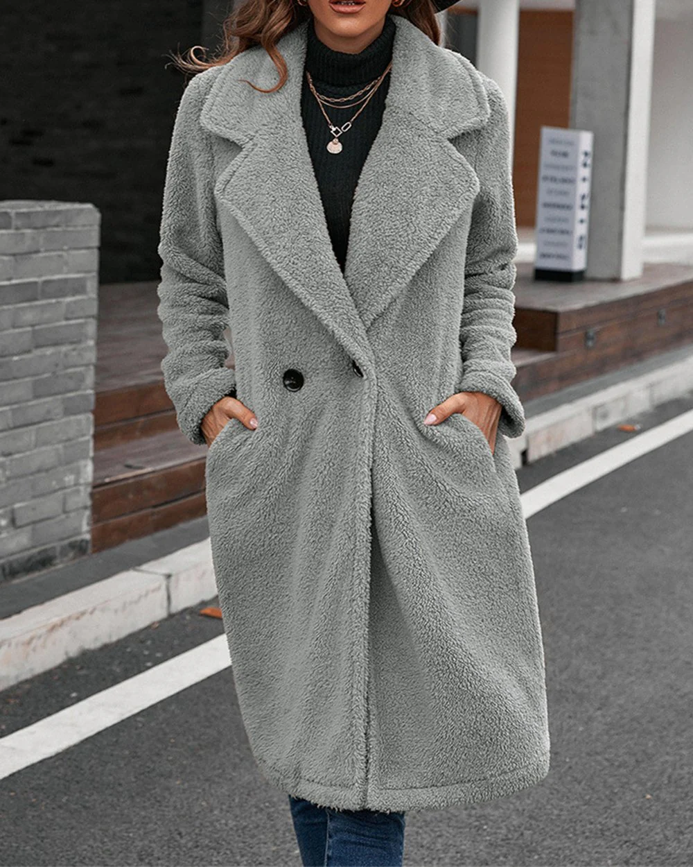 Fashion Plush Windbreaker Loose Lapel Lambswool Coat
